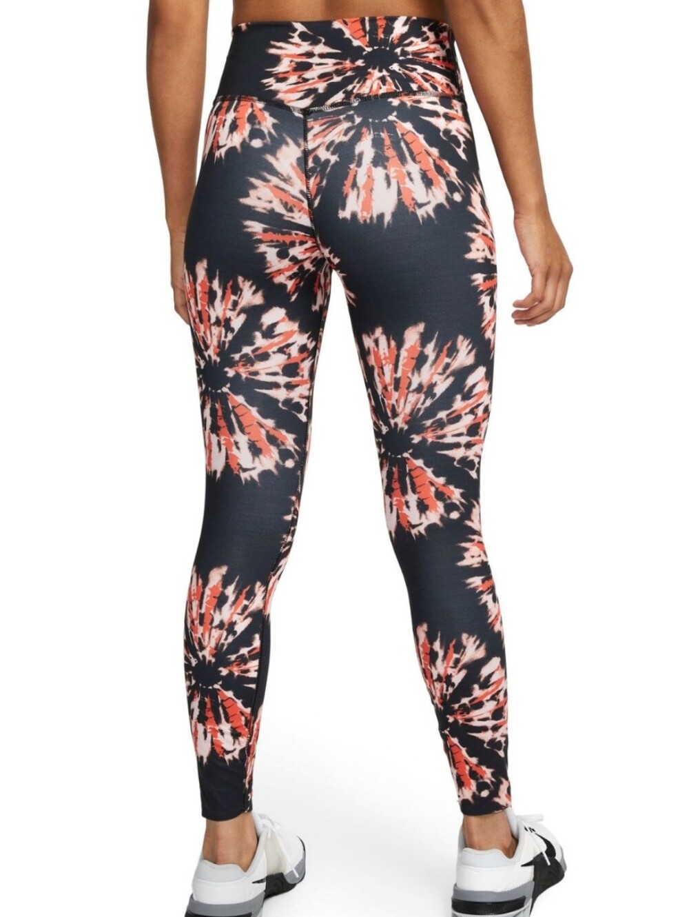 Nike Women's Black Leggings with Coral and Light Pink Tie-Dye